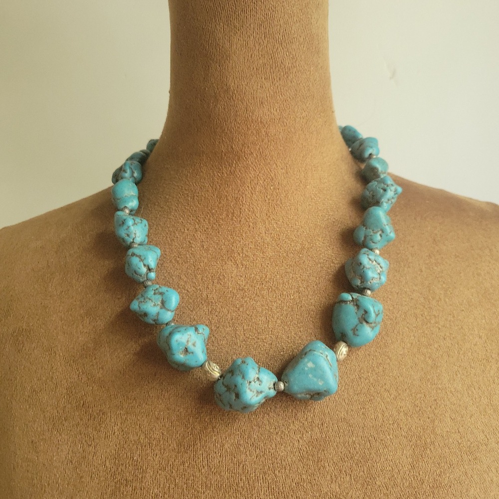Raw Turquoise Nugget 925 Sterling Silver 18 Inch Toggle Necklace Western